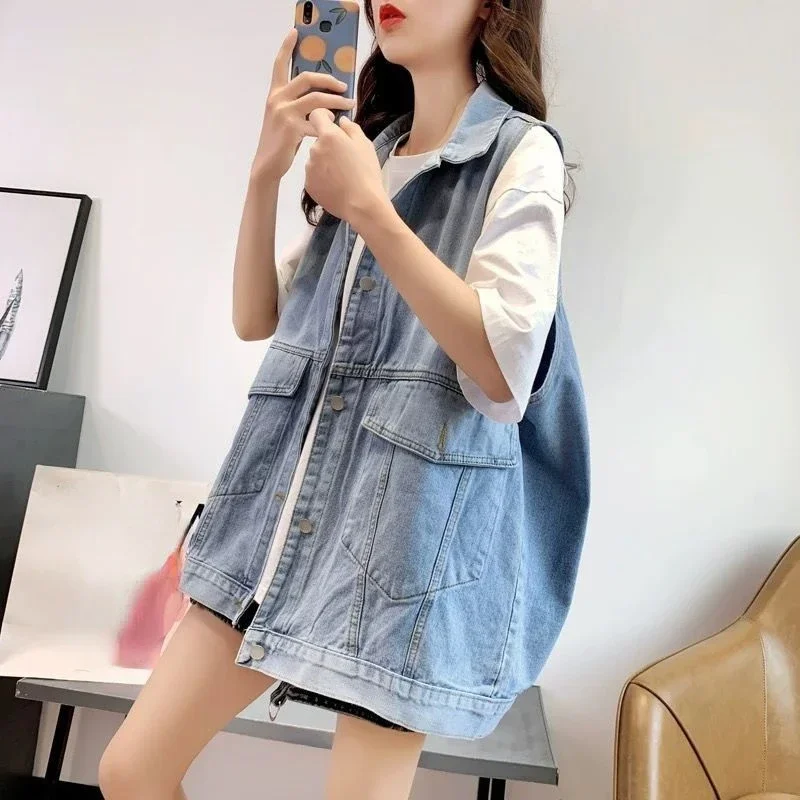 여성용 한국 패션 단추 블루 데님 조끼 가디건, 용수철 가을 그래픽 코트 셔츠, 빈티지 의류 스트리트웨어