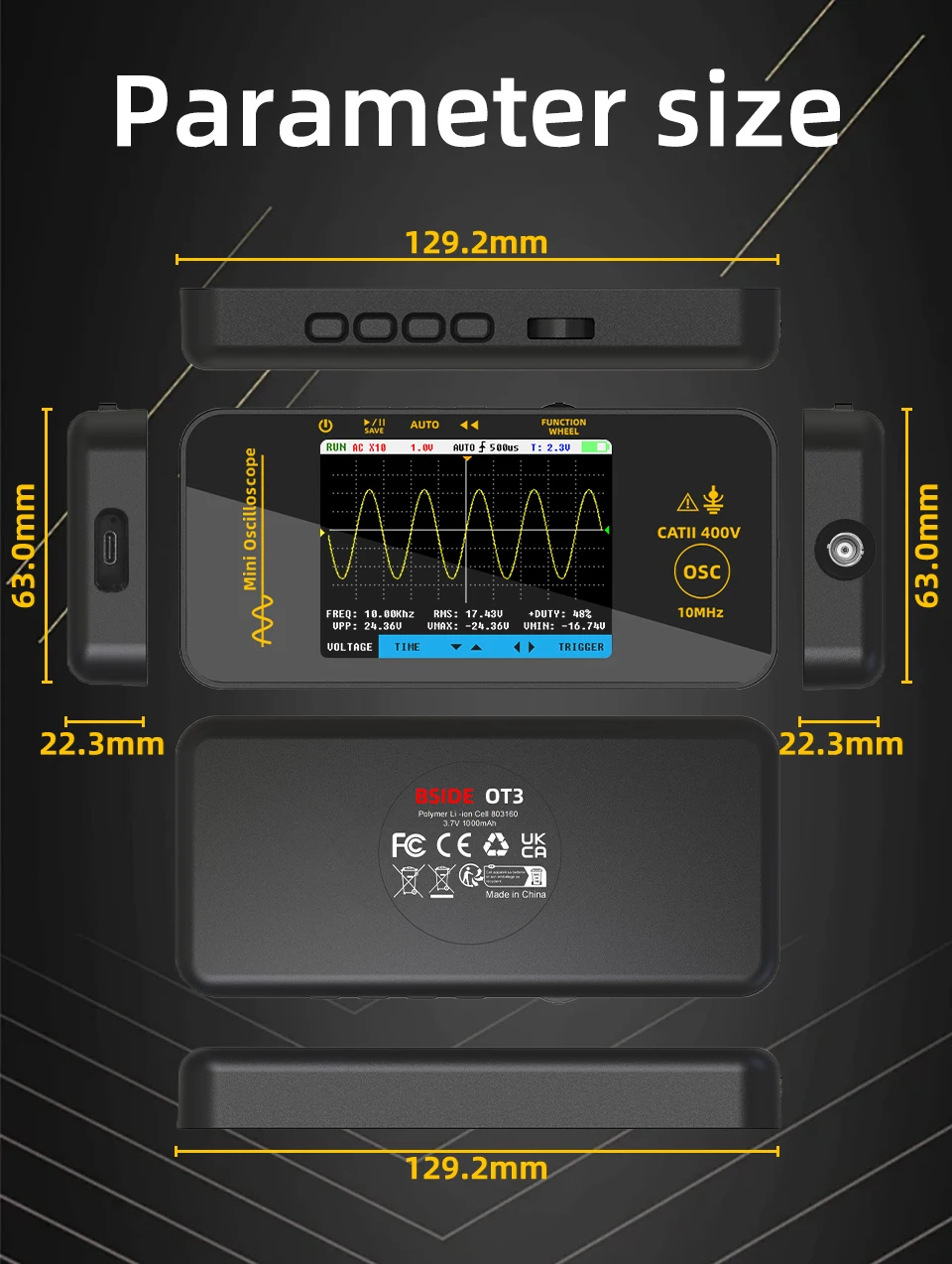 OT3 Handheld Oscilloscope 3.2” TFT LCD Digital Scope Tester, 10MHz/48MSa/s,Potab