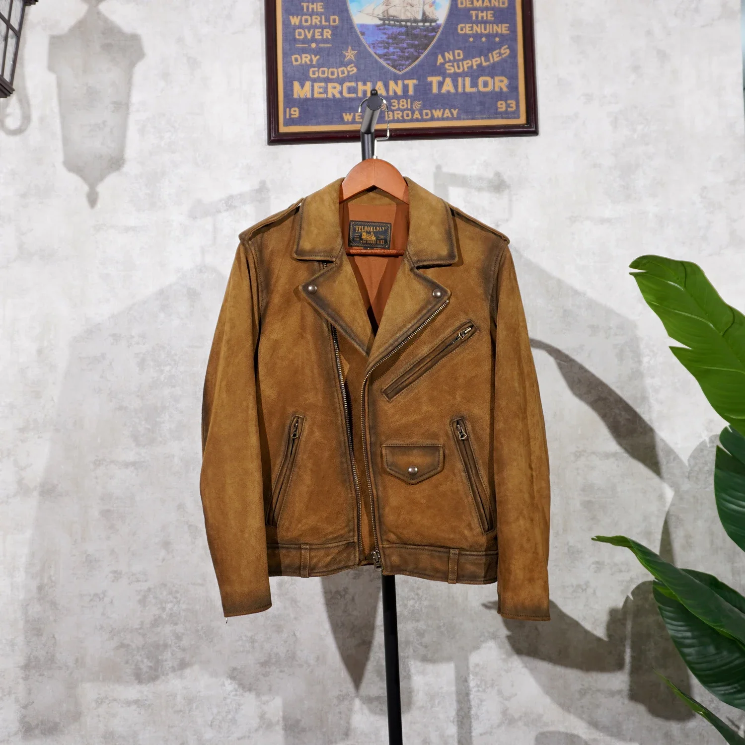 

American Retro RL Style Distressed Suede Leather Jacket, Maillard Diagonal Pull Motorcycle Jacket, Slim Fit Short Style