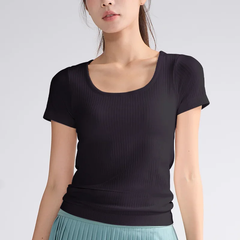 Description Picture 3 of itemYoga Sports Threaded Short Sleeved Women with Fixed Chest Pads Fitness Yoga Clothes Summer Thin Oversized Fitness Short Sleeved