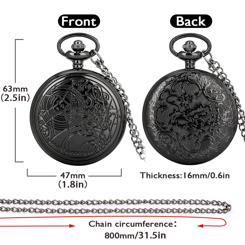 Famous Movie Time Lord Portable Watches Space Exploration Hero Design Quartz Pocket Watch Black Vintage Cosplay Gifts with Chain quartz watch pocket watch