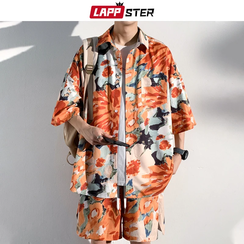 

LAPPSTER Y2k Гавайский комплект из 2 предметов мужская одежда летняя Винтажная футболка с коротким рукавом спортивный костюм Корейская мода спортивный костюм шорты