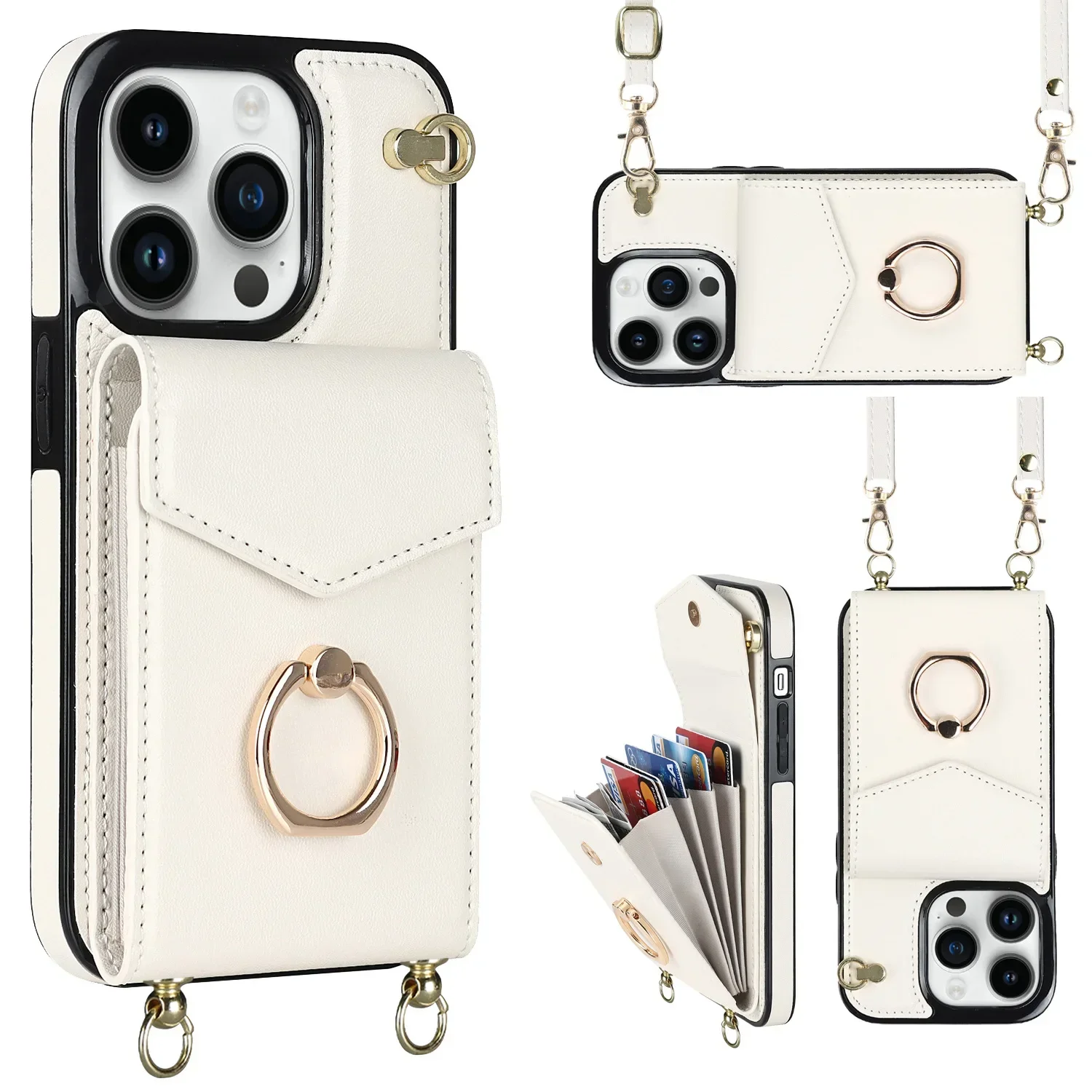 Crossbody Lanyard RFID Blocking Leather Card Holder with Ring Attachment