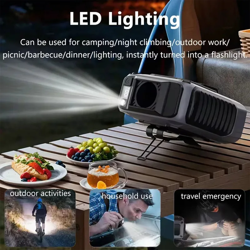 2026Waist Clip Fan Outdoor Portable Hanging Neck Fan Strong Wind with Power Bank LED Lighting for Sports Courier Outdoor Working