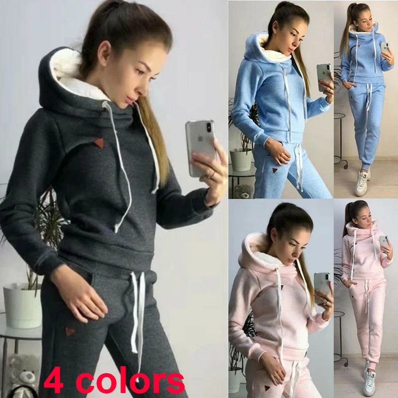 Fashion Autumn and Winter Women's Sports Set Wool Warm Pullover Hoodie+Pants Two Piece Women's Jogging Set