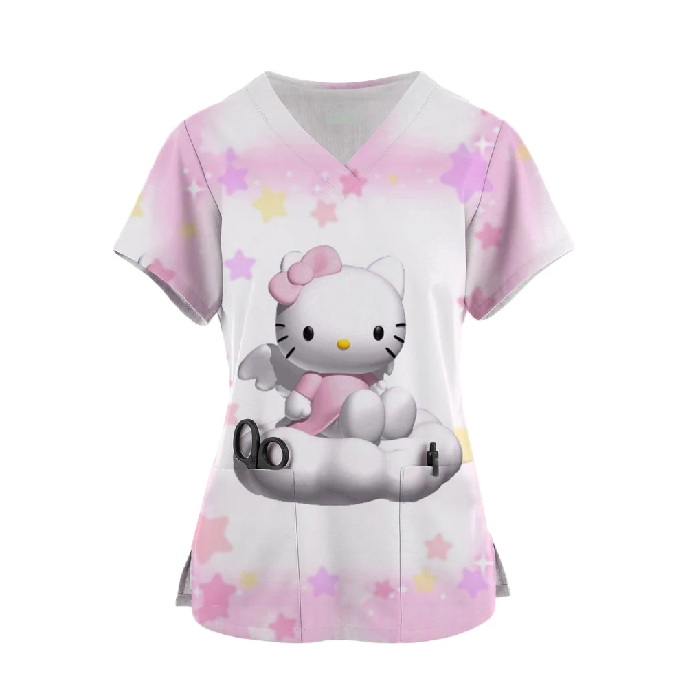 thumbnail image 1 of Uniforme de enfermera kawaii con estampado de Hello Kitty para mujer, blusa de manga corta con bolsillos, uniformes médicos de enfermería, 1 of 4