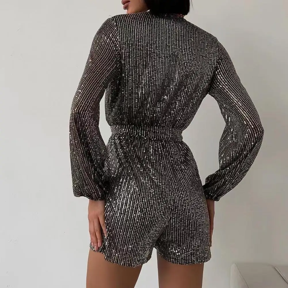 Loose Style Romper Sequin Belted Women's Romper with Deep V Neck Long Lantern Sleeves for Club Party Tight Waist Above Knee