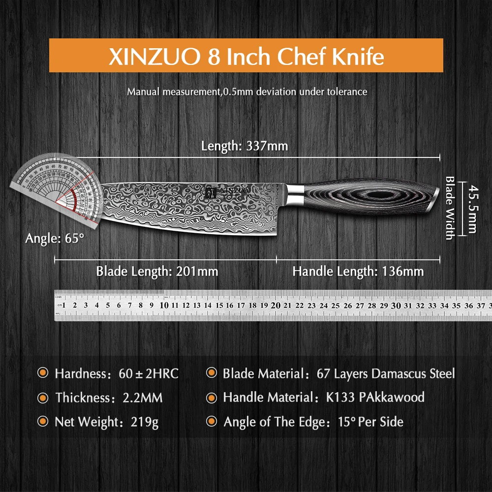 XINZUO Chef Knife 8 Inch Damascus Steel Kitchen Knife, High Carbon Steel  Professional Cooking Knife Slicing Sharp Gyuto Knife with Pakkawood Handle