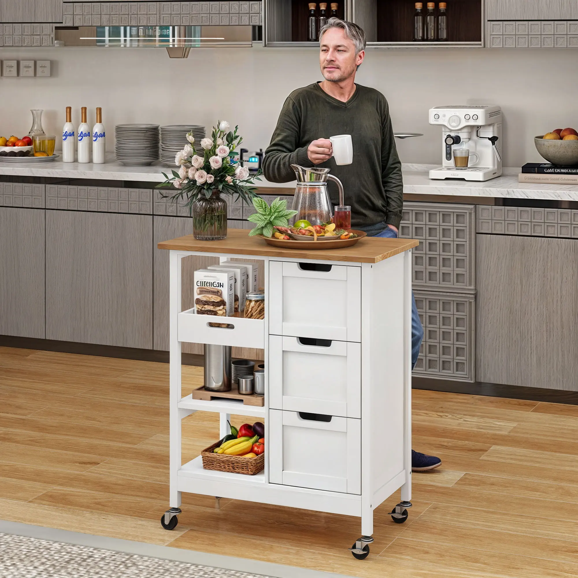 Home Rolling Kitchen Trolley Cart 33'' Tall Wood Storage Drawers Stand Shelves