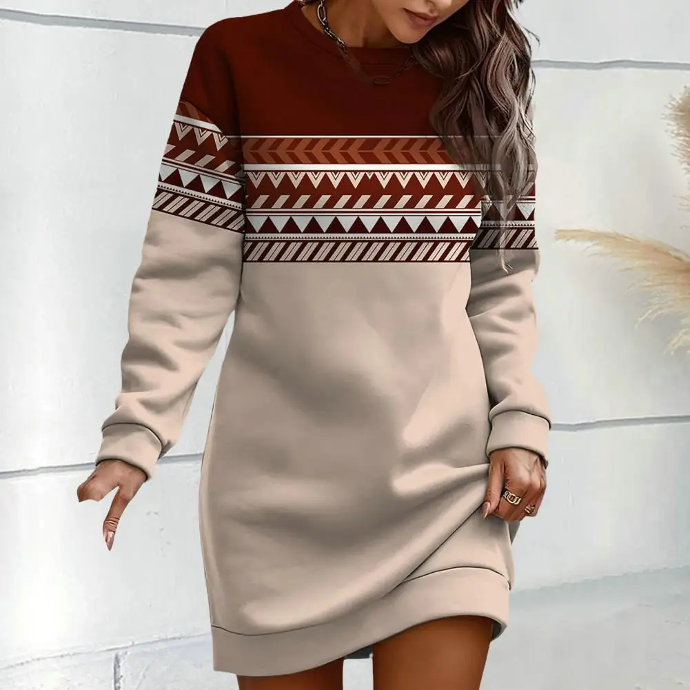 

Long Sleeve Casual Dress Geometric Print Warm Pullover Retro Color Matching Dress for Women's Fall/winter Wardrobe Casual Mini