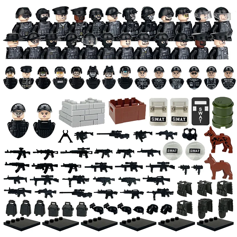 

Kids Toys Military SWAT Weapon Equipment Package Cartoon Figures Small Particles Building Blocks Suits Childrens Birthday Gifts