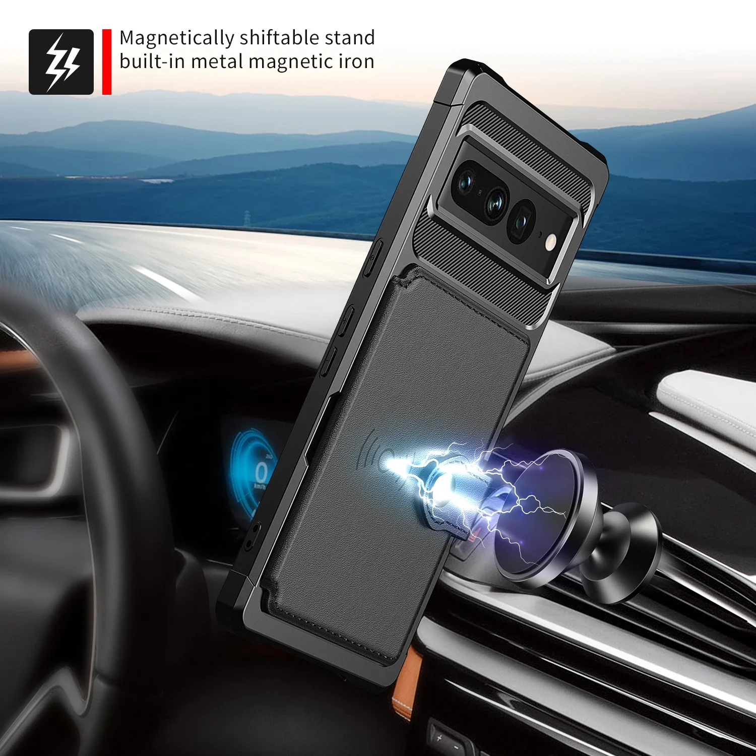 Leather Wallet Card Slot Magnetic Case - Protective Shockproof Stand Pocket with Car Mount-Friendly Design