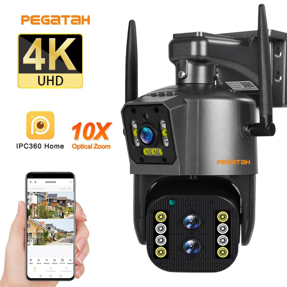 PEGATAH 8MP 4K IP Camera Outdoor WiFi PTZ Three Lens Dual Screen 10X ...
