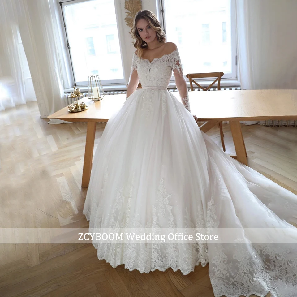 Elegantes Elfenbeinfarbenes Spitzenapplikationen-Brautkleid mit Langen Ärmeln 2026 Prinzessinnen-Stil Bootsausschnitt A-Linie mit Schleppe Hochzeitskleid Vestido De Noiva – Detail 5
