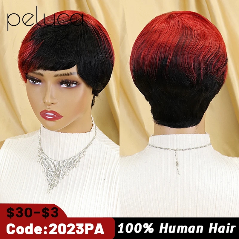 

Short Bob Straight Human Wigs With Bangs Brazilian Hair Pixie Cut Wig Cheap Human Hair Wig For Black Women Burgundy Ombre Colore