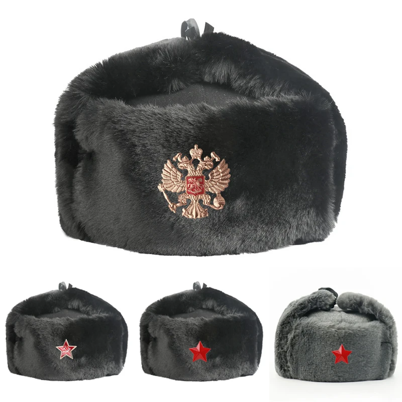 

2024 Fashion Men Women Soviet Army Military Badge Winter Faux Fur Earflap Russia Pilot Trapper Trooper Hat Ski Snow Caps