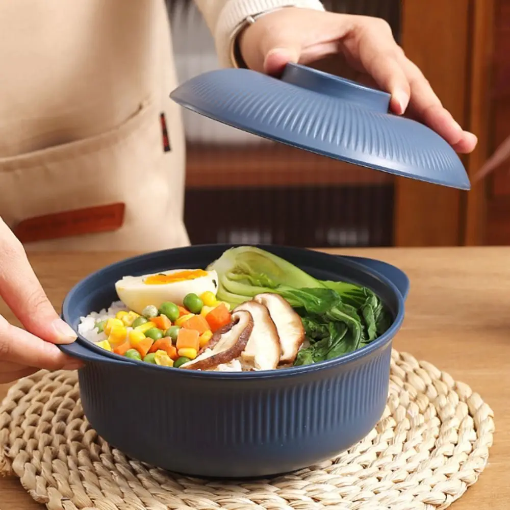 4 Set Large Capacity Ramen Noodles Bowl Vertical Striped Plastic Salad Bowl with Lid and Spoon Microwave Safe Bowls Restaurant