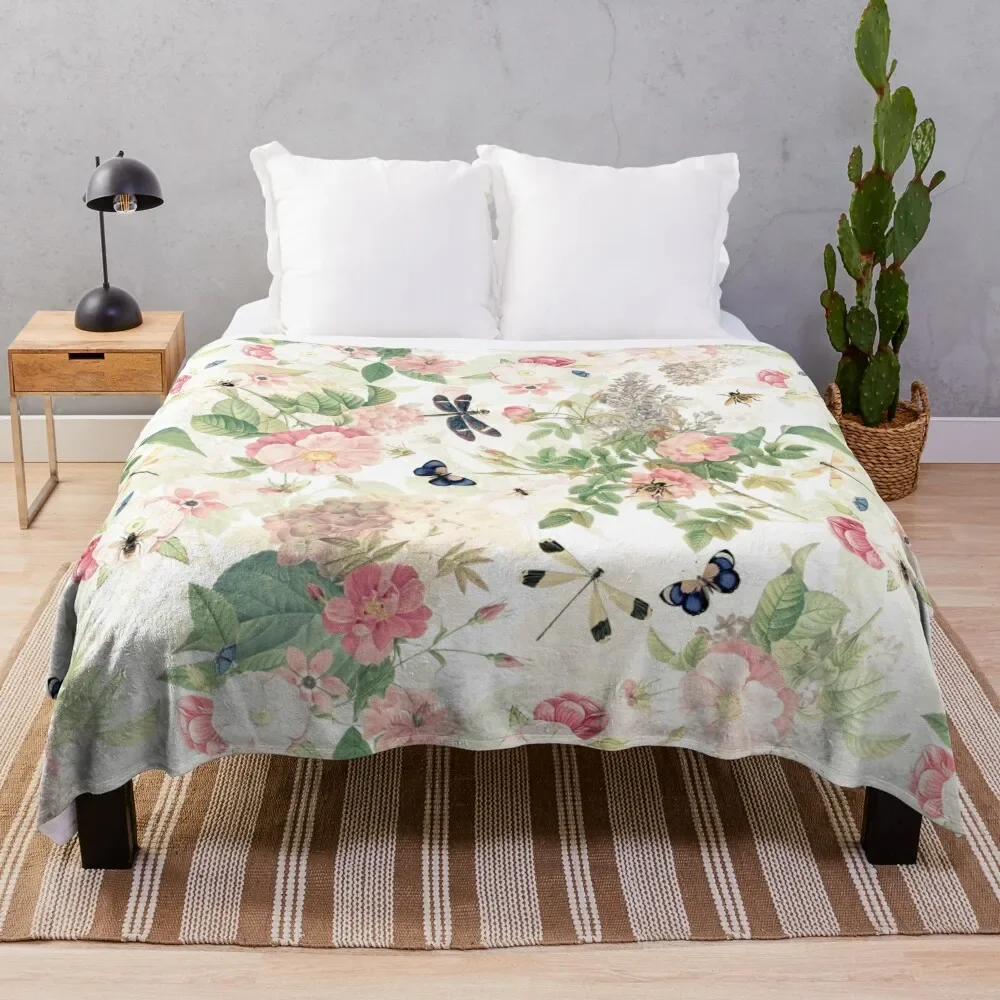 

UtART - Vintage Roses Spring Flower And Early Insects Pattern - Sepia Blush Cream white Throw Blanket Cute for winter Blankets