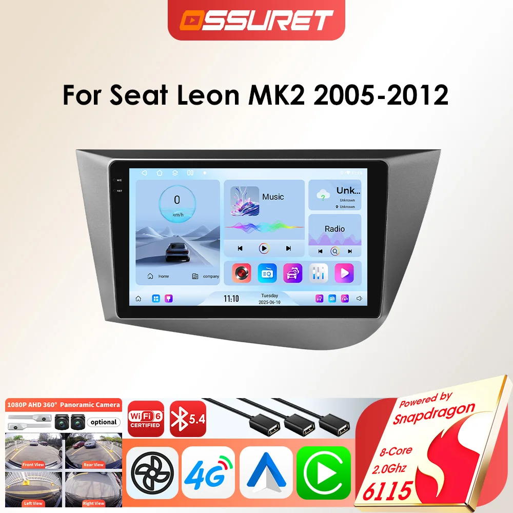 Radio con GPS para Auto OSSURET 8 Núcleos 6115 Android para Seat Leon 2 MK2 1P1 2005 - 2012, Carplay Inalámbrico, GPS para Auto, Multimedia 2DIN 1