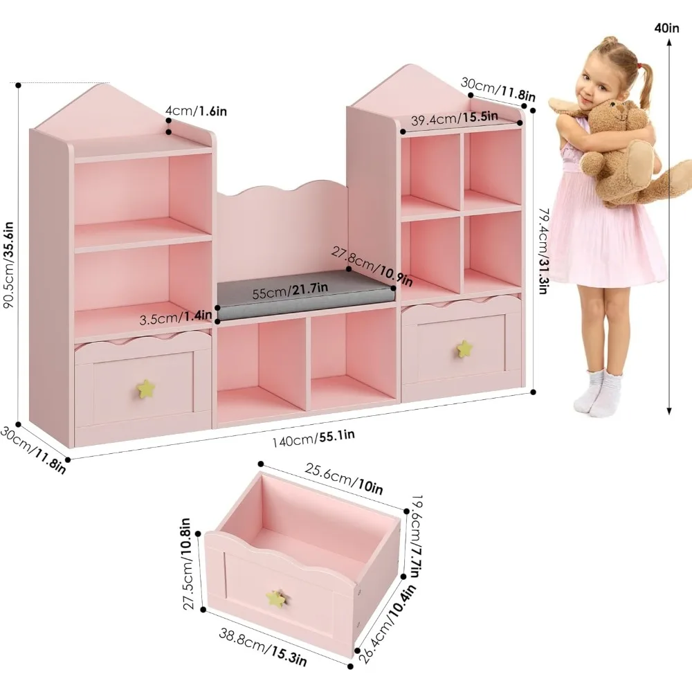 Kids Bookshelf with Reading Nook, Kids Bookcase, 2 Wheels Drawers and 8 Storage Cubbies, Toy Storage Organizer 5