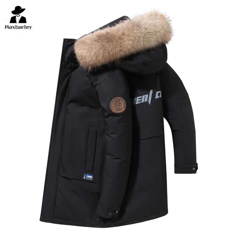 Men's Long Down Jacket Winter 90% White Duck Down Wool Collar Hooded