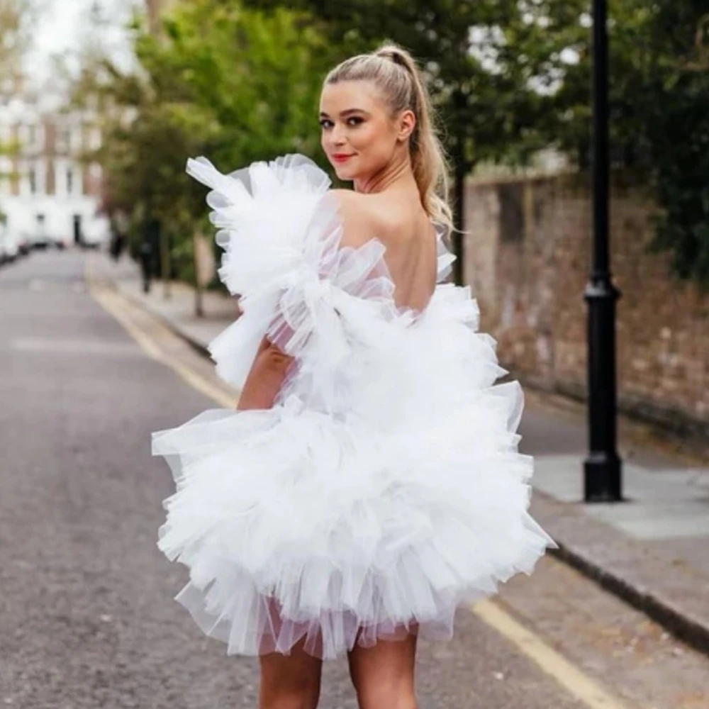 

Off Shoulder White Ruffled Mini Ball Gown White Layered Puffy Party Dress Open Back Cocktail Gowns Custom Made Women Clothing