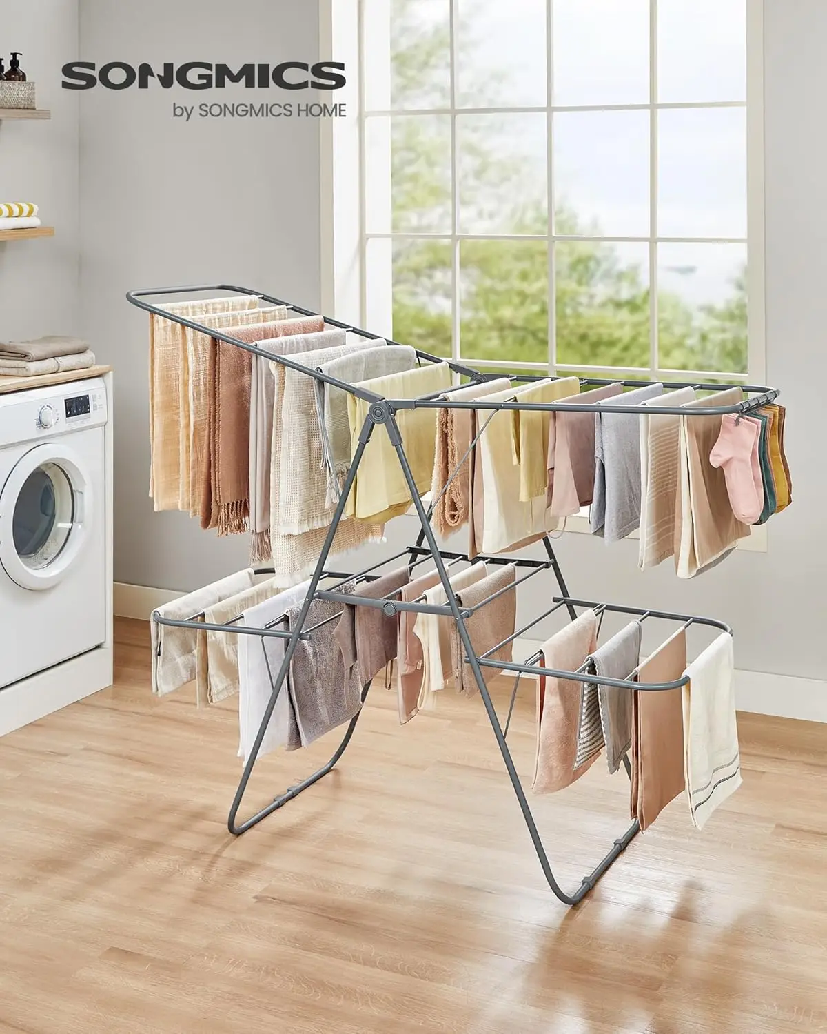 Clothes Drying Rack, Foldable 2-Level Laundry Drying Rack, Free-Standing Laundry Airer, with Height-Adjustable Wings