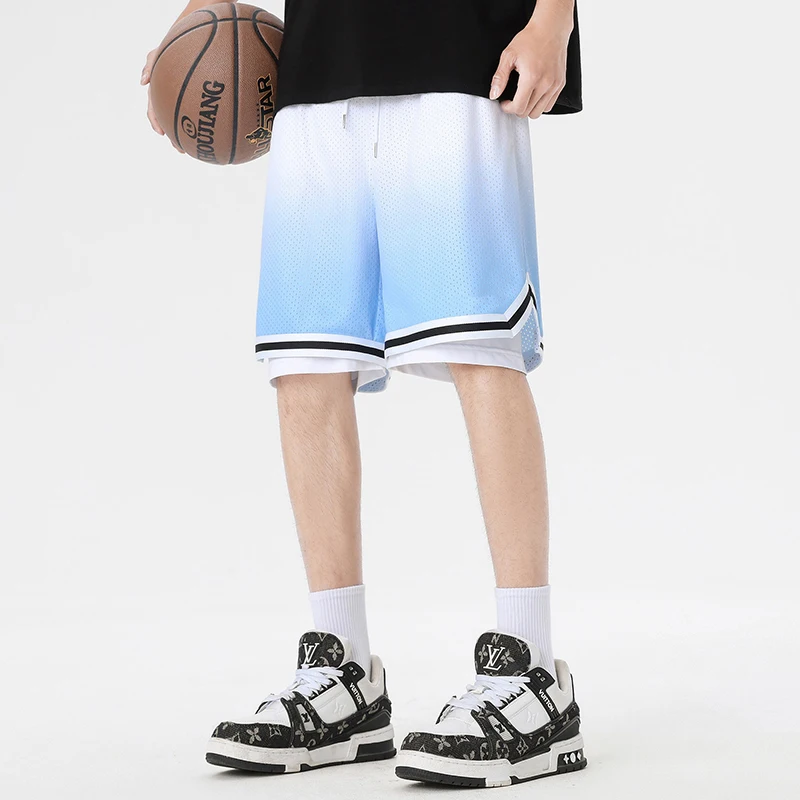 Fashion Elastic Spliced Gradient Fake Two Pieces Casual Shorts Men's Clothing 2024 Summer Loose High Waist Knee Sports Shorts