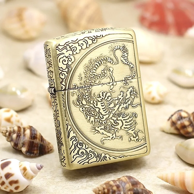 Genuine Zippo Oil Lighter Copper Windproof Bronze Carved Chinese Dragon