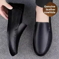 Men's Summer Breathable Casual Shoes Slip-On Soft Bottom Leather Shoes Anti-Slip Rubber Outsole Comfortable Soft Surface
