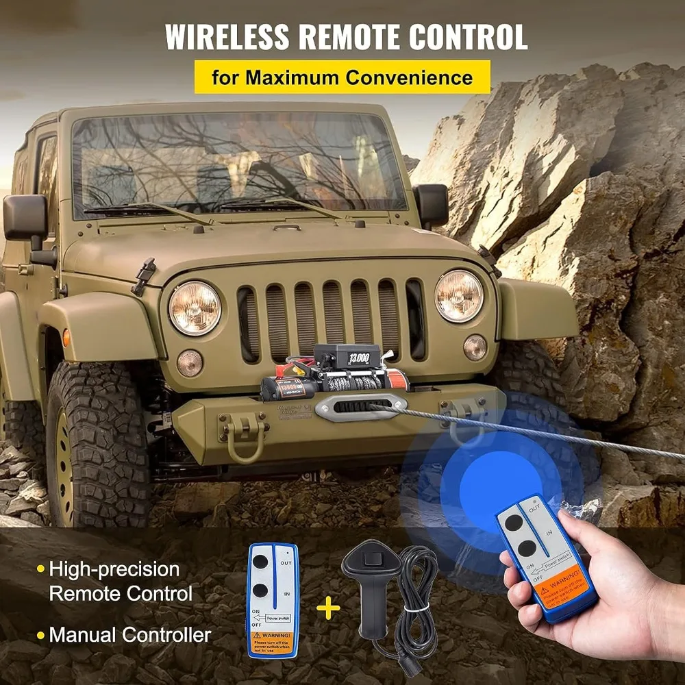 Electric Winch 13000lb Load Truck Winch Compatible with Jeep Truck SUV Synthetic Rope 12V Power with Wireless Remote