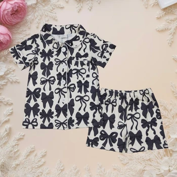 Toddler Girl Summer Pajamas Set Baby Black Bows Print Button-Down Lapel Pocket Short Sleeve Tops and Shorts Loungewear 2Pcs Sets 1