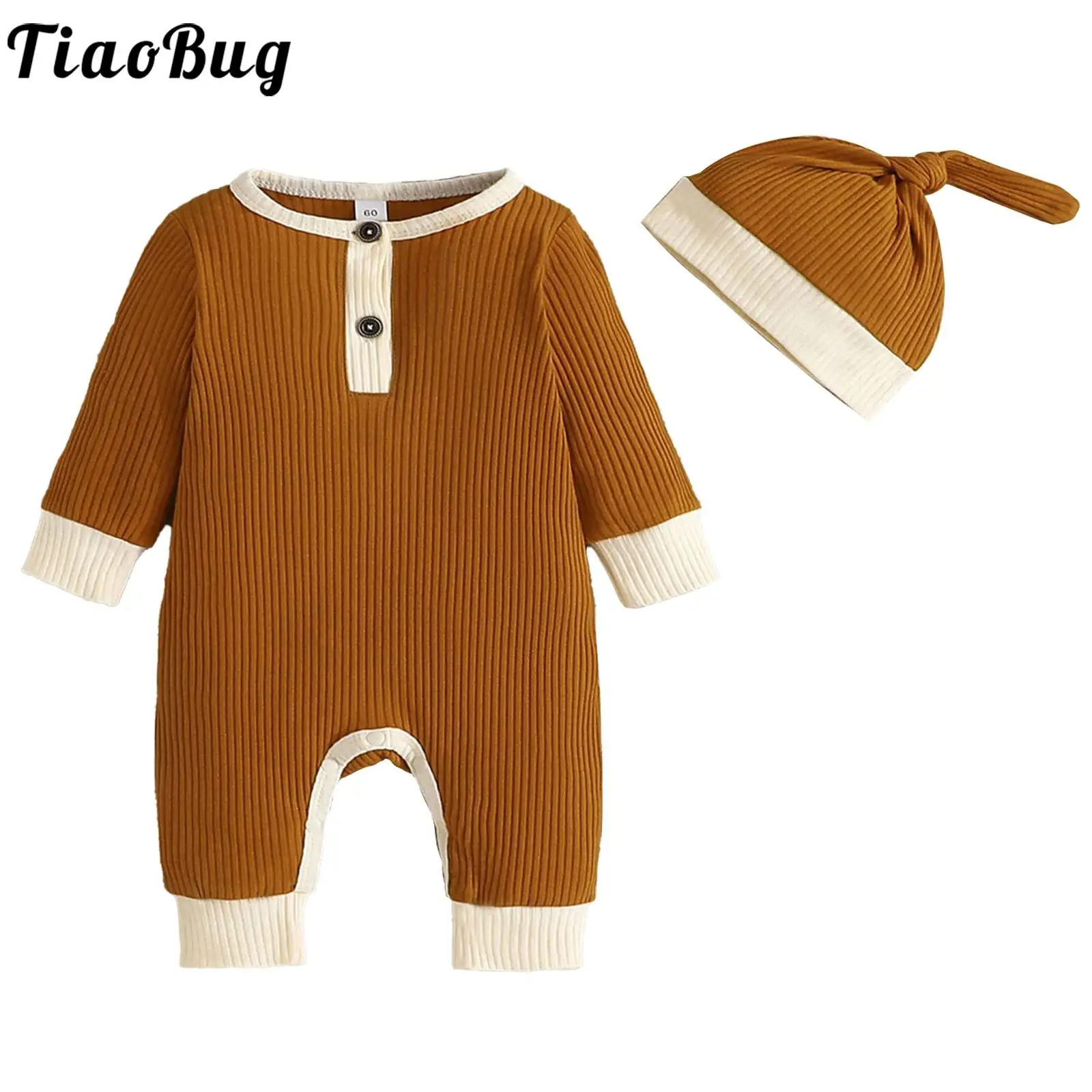 

Toddler Baby Fall Winter Snowsuit Cotton Ribbed Knitted Romper Long Sleeve Patchwork Jumpsuit Bodysuit Outerwear with Knot Hat