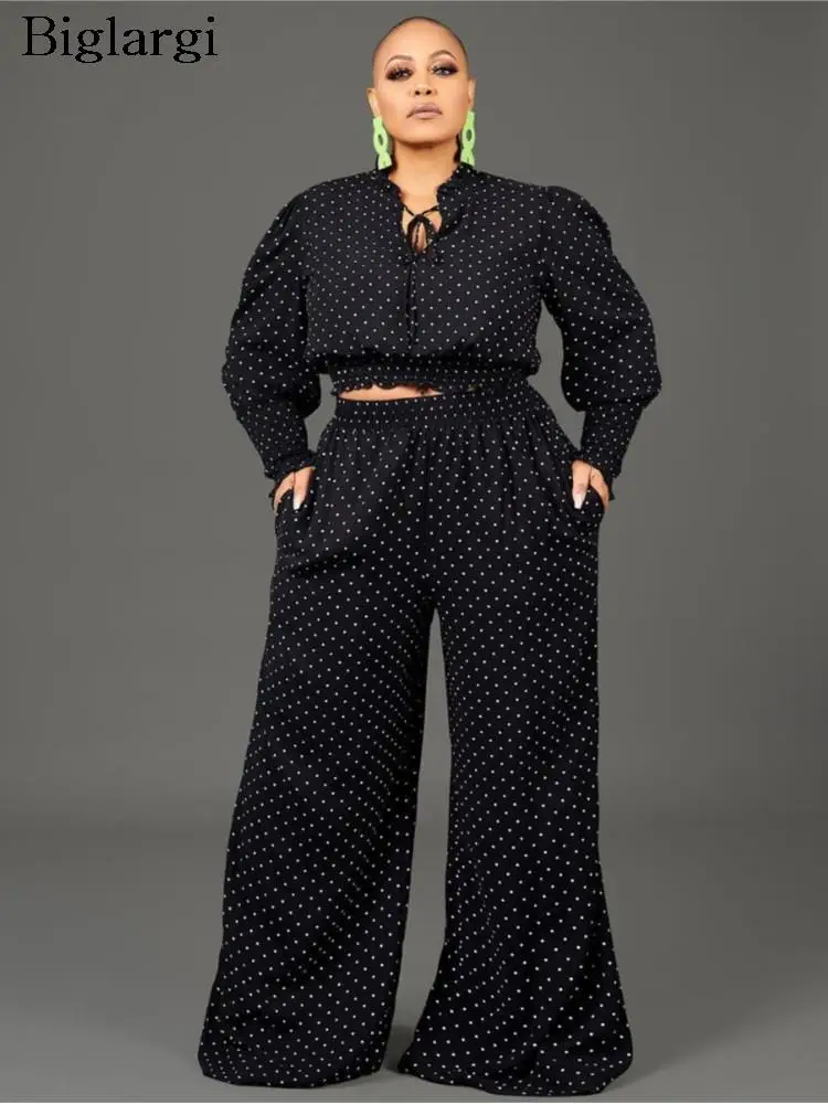 

Plus Size Autumn Polka Dot Print 2 Two Piece Set Women Long Sleeve Ladies Cropped Tops Loose Wide Leg Modis Woman Long Pant 2023