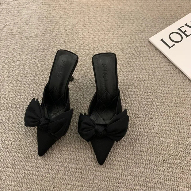 Summer Bowtie Thin Heel Mules Shoes Women 2024 Street High Heeled Slippers Women Sandals Sexy Elegant Pointed Toe Chic Shoe