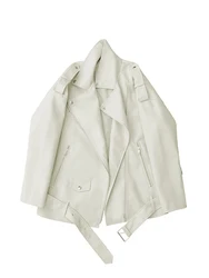 Women's Black Faux Leather Biker Jacket with Belt - Stylish Zipper Outwear - S (Beige)