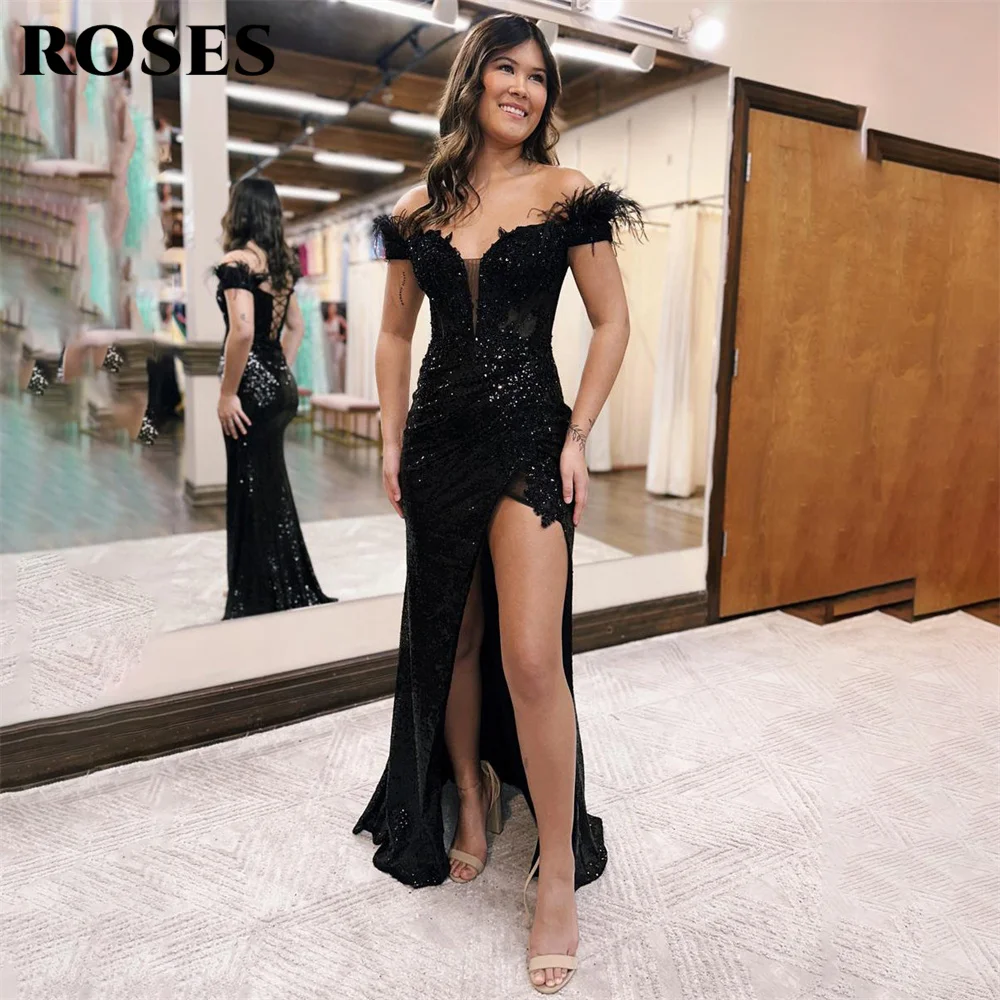 

ROSES Mermaid Off the Shoulder Evening Gown Royal Blue Elegant Prom Dress Sequin Appliques Wedding Evening Dress with Slit