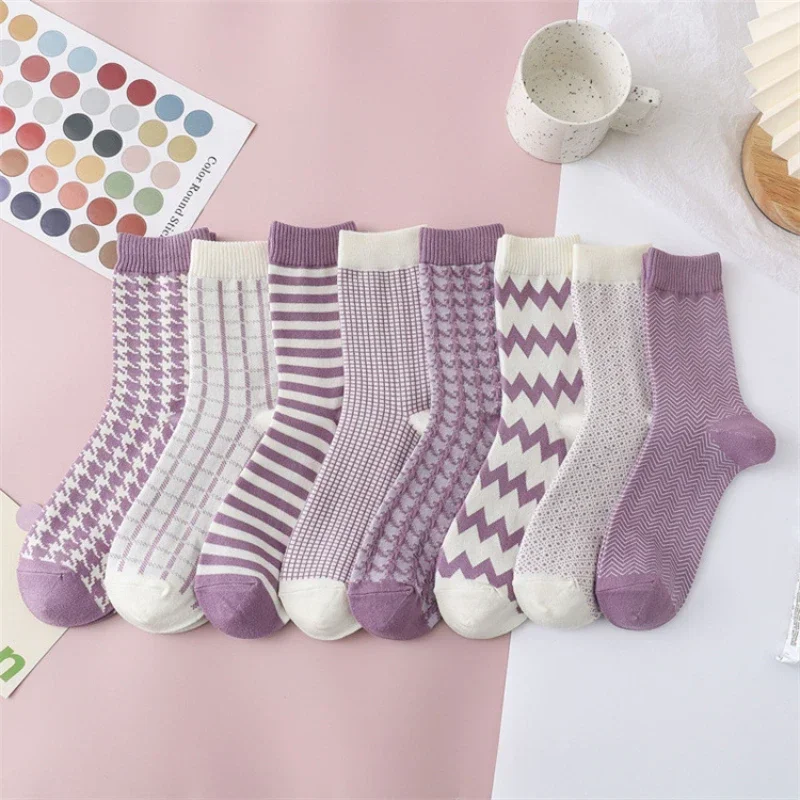 

3 Pairs/Lot High Quality Women Autumn Winter Cotton Sock Purple Series Lady Girl Preppy Style Middle Tube Socks Women Fashion