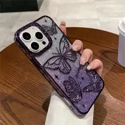 3D Bling Glitter Butterfly Quicksand Gradient Phone Case with Plated Shockproof Luxury Cover - iPhone 13 (Purple)