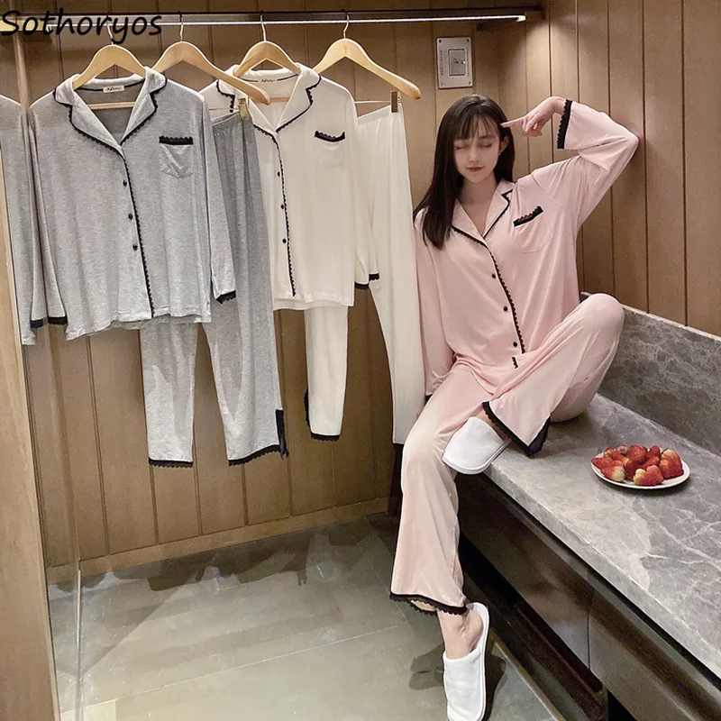 

Женские пижамные комплекты из модала, дышащая одежда для сна в стиле пэчворк с длинным рукавом, кружевная Пижама, элегантная женская пижама, 2 предмета, милая и простая Пижама для отдыха