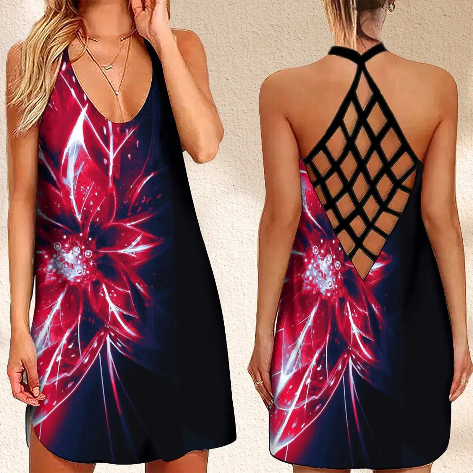 

Fashion Women's Criss Cross Backless Sleeveless Dress SummerFlower Shiny Print Evening Dress