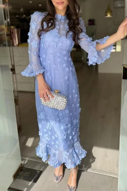 

2024 new European-style positioning printed stand collar flowers spring/summer lace-up long dress elegant socialite dress