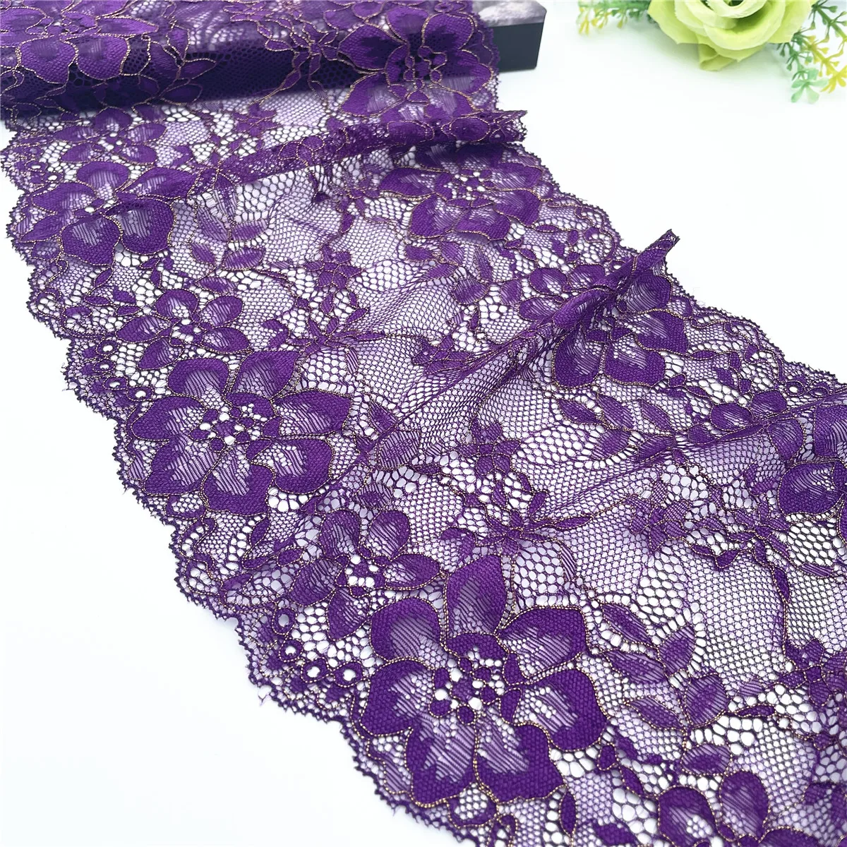 3y/lot Width 17.50cm Dark Purple Gold Elastic Stretch Lace For Skirt Hem Underwear Sewing Craft DIY Apparel Fabrics Material 4