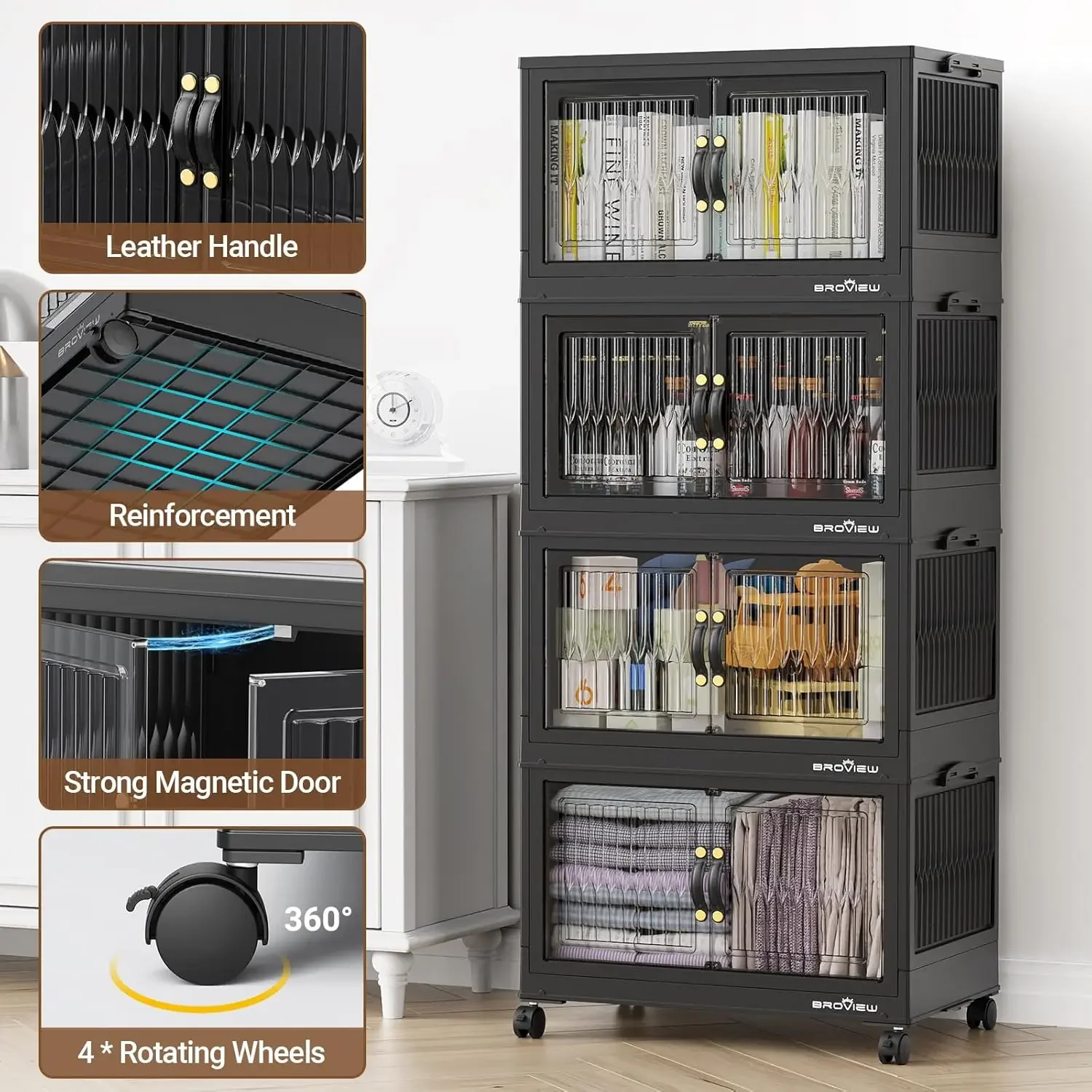 Stackable plastic storage bins – drawer access view