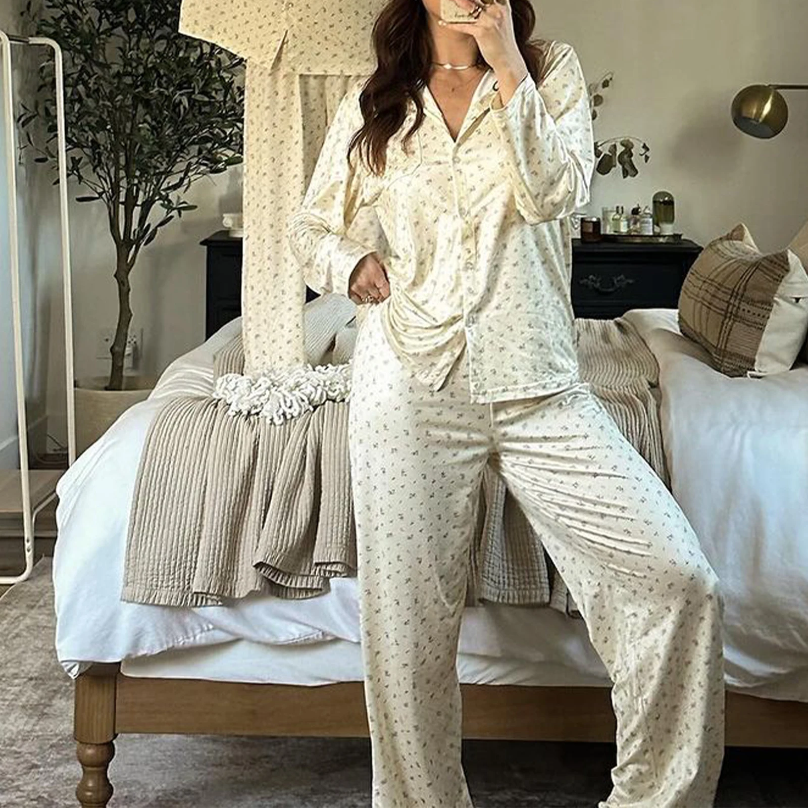 【I AM MARI】Myuteurin Toile Flower Pajama Set Imcute Floral Pajamas for Women Set Long Sleeve Button Down