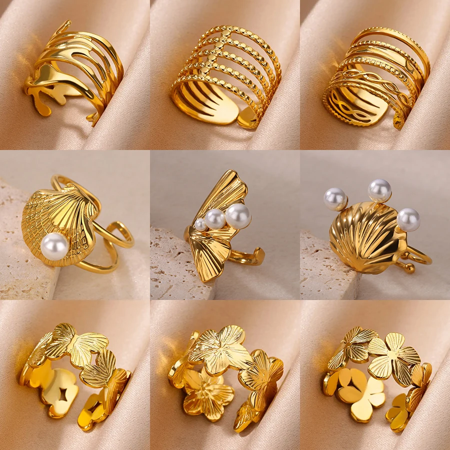 Stainless-Steel-Flower-Rings-for-Women-Gold-Color-Shell-Starfish-Multi ...