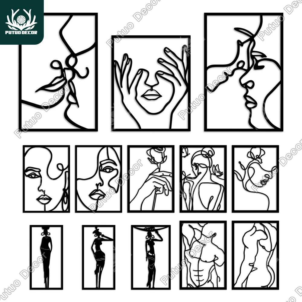 Putuo Line Legno Donna Face Silhouette 3 Pezzi Nero Soggiorno Camera Da Letto Wall Art Decor Ornamento Creativo Bella Pittura
