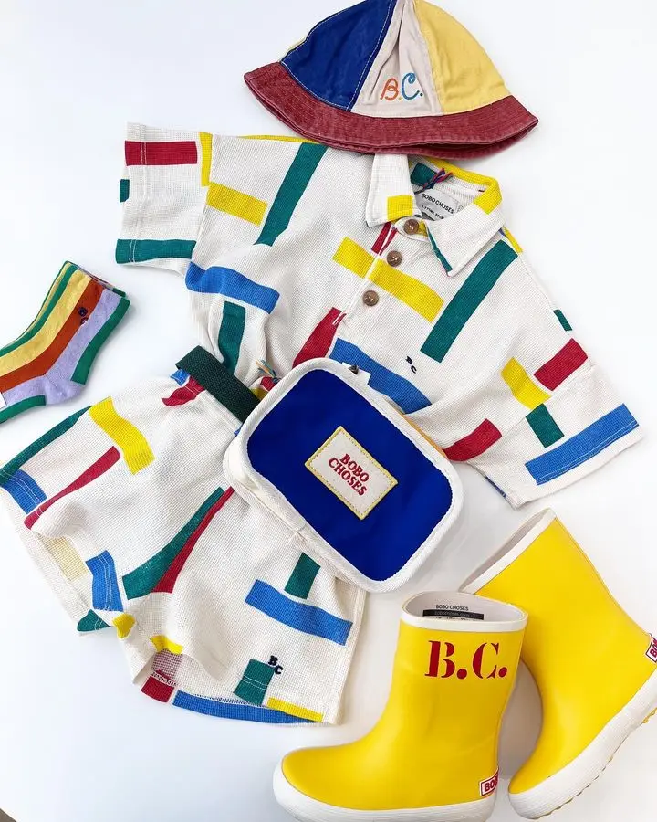 2023 BC Summer Girls' Korean Style Cute Contrast Square Polo Neck Waffle T-shirt Children's Set Children Clothing