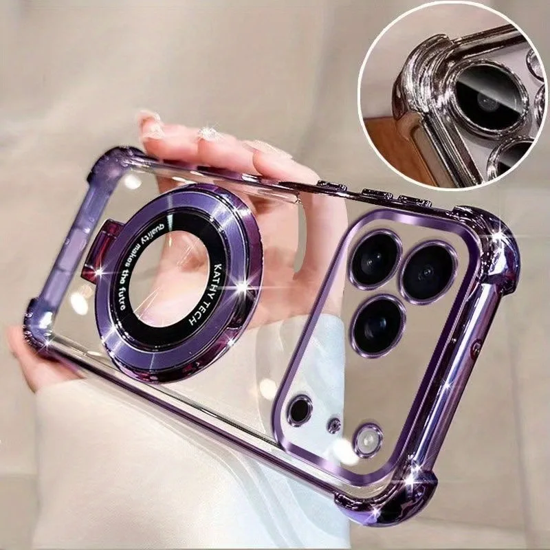 Premium Transparent Magnetic TPU Cover with Ring Stand and Plated Clear Design