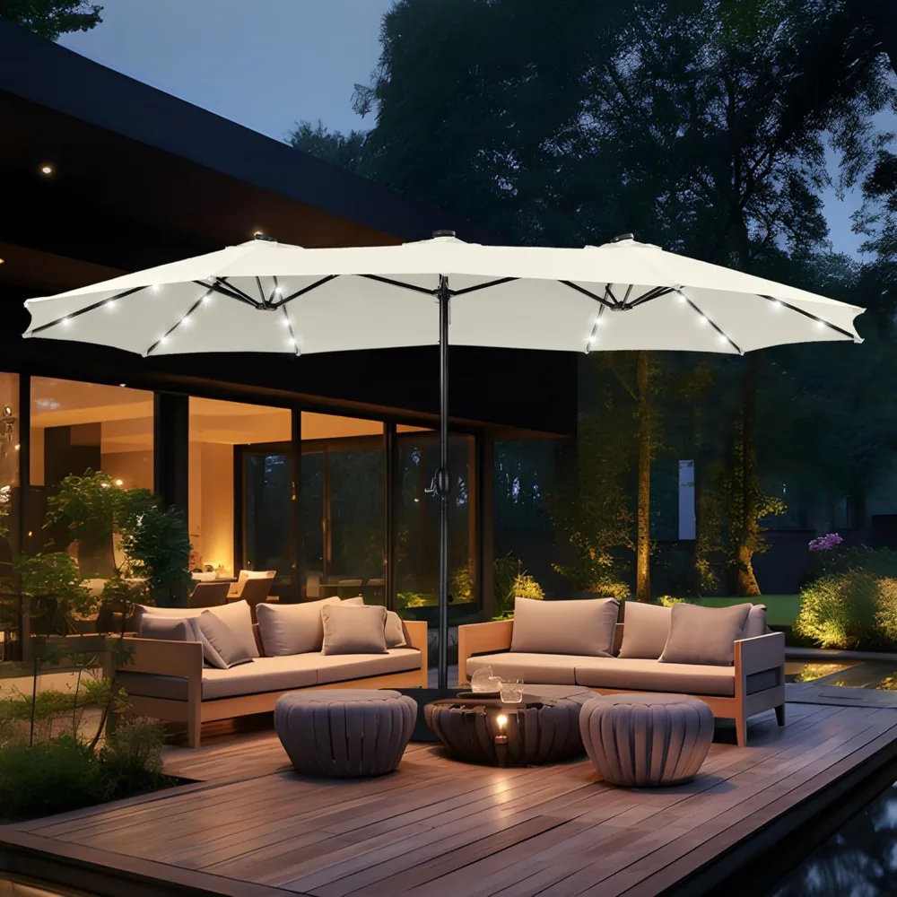 15ft Double Sided Patio Umbrella with Solar Lights Outdoor Umbrella with Crank Handle and 36 LED Lights